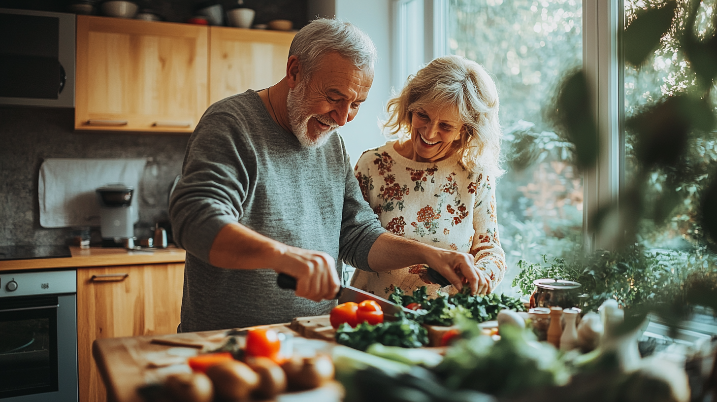 Старша жінка готує кольоровий салат з різноманітних овочів